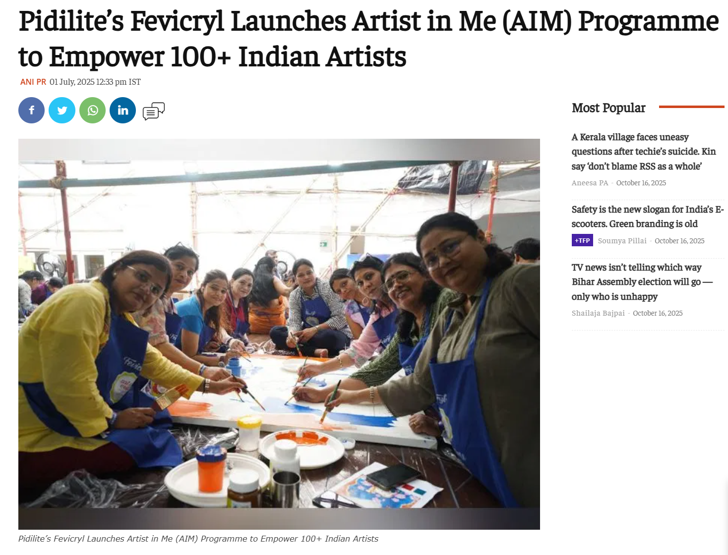 Fevicryl Artist In Me Programme News Feature on ThePrint